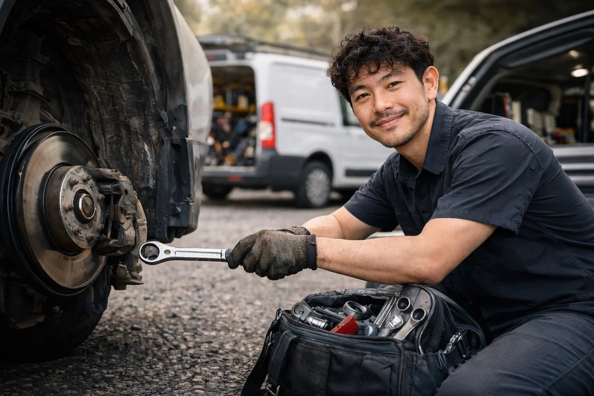 Edward performing a brake inspection during a mobile service call in Gwinnett County.