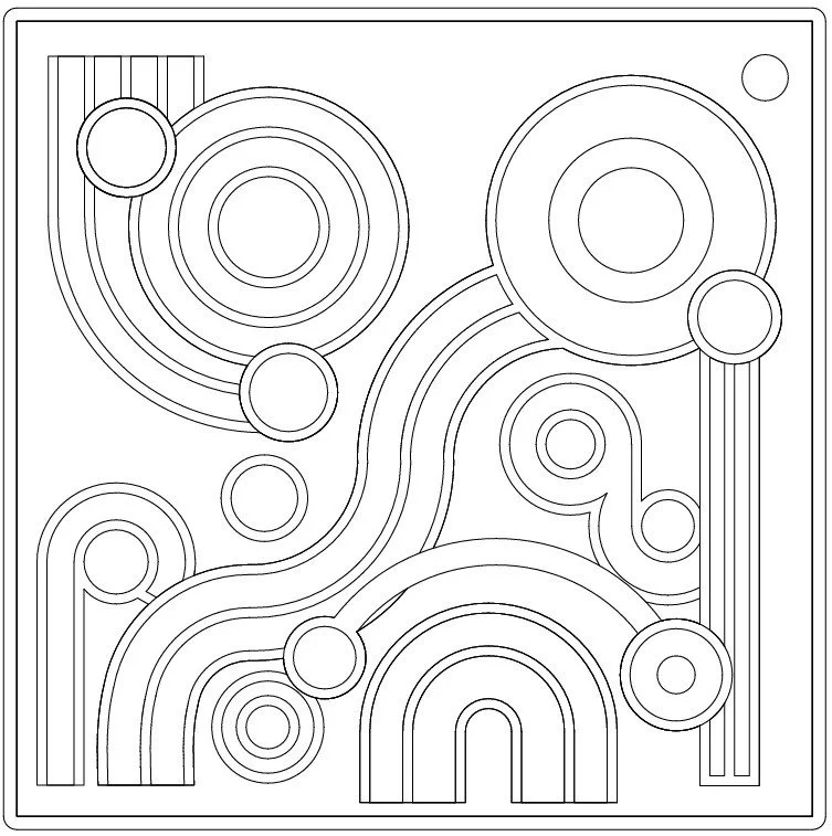 A black and white line drawing of an art concept with various concentric circles, straight lines, and interconnected pathways.