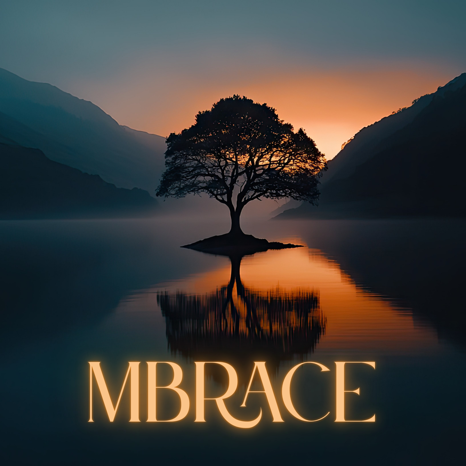A solitary tree on a small island reflected in a tranquil lake at sunset, with mountains in the background and the word 'MBRACE' in glowing letters at the bottom.