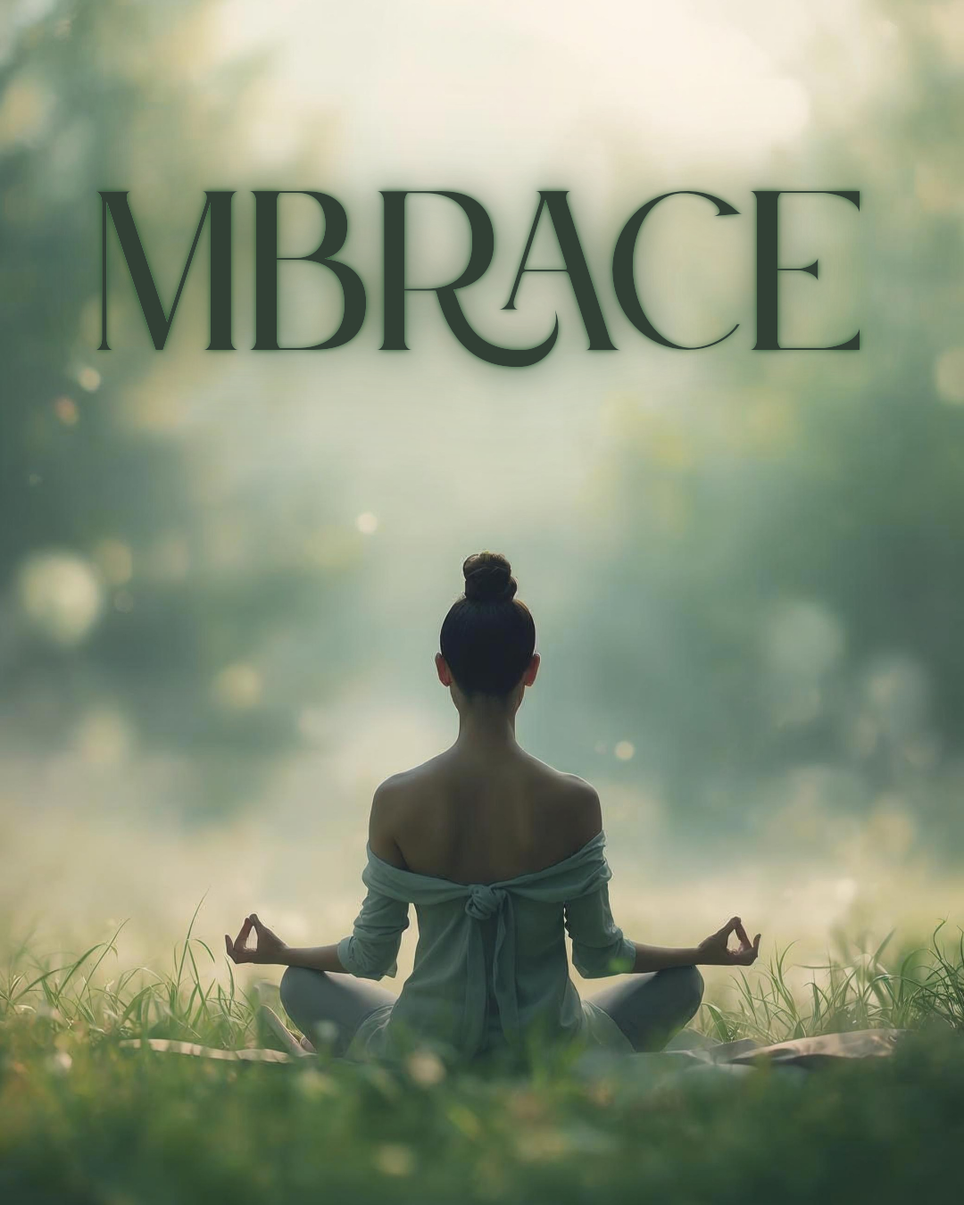 A woman practicing yoga in a peaceful outdoor setting near water, with the word 'MEDITATE' overlaid in large font.