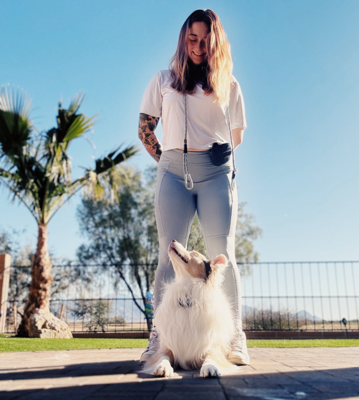 A woman with long hair and a tattoo sleeve smiling down at her dog, a fluffy collie, while standing outdoors on a sunny day with a clear blue sky and palm trees in the background.