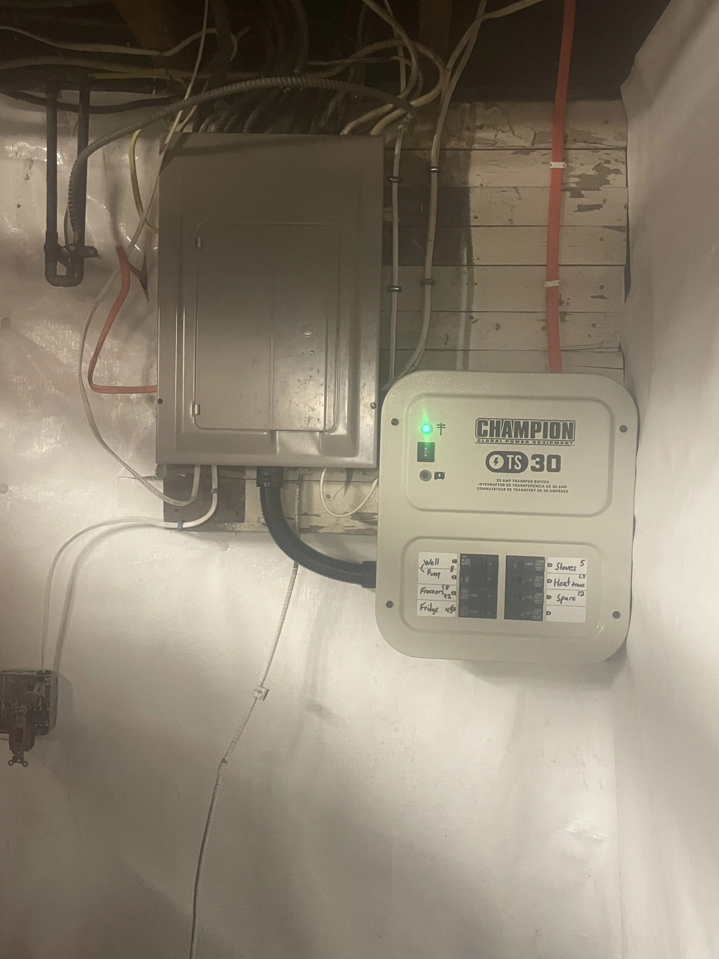 Electrical panel and transfer switch inside a basement or utility room, with visible wiring and a concrete wall background.