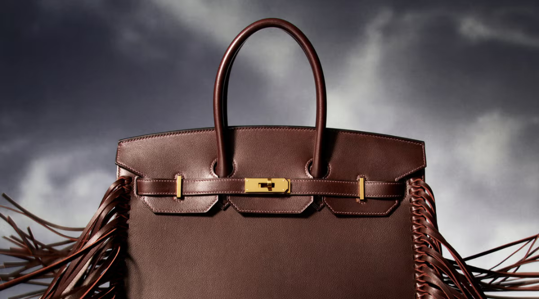 Close-up of a stylish brown leather handbag with gold hardware and braided leather sides, set against a cloudy sky background.