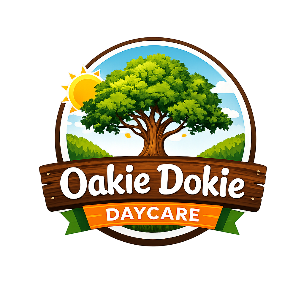 Logo for Oakie Dokie Daycare featuring a large green tree, a bright sun in a blue sky with clouds, and a brown wooden sign with the text 'Oakie Dokie Daycare' in white and orange letters.