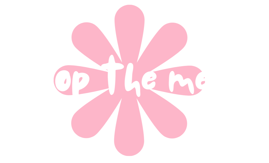 Pink flower with the words "shop the merch" written across it in white, bubbly font.