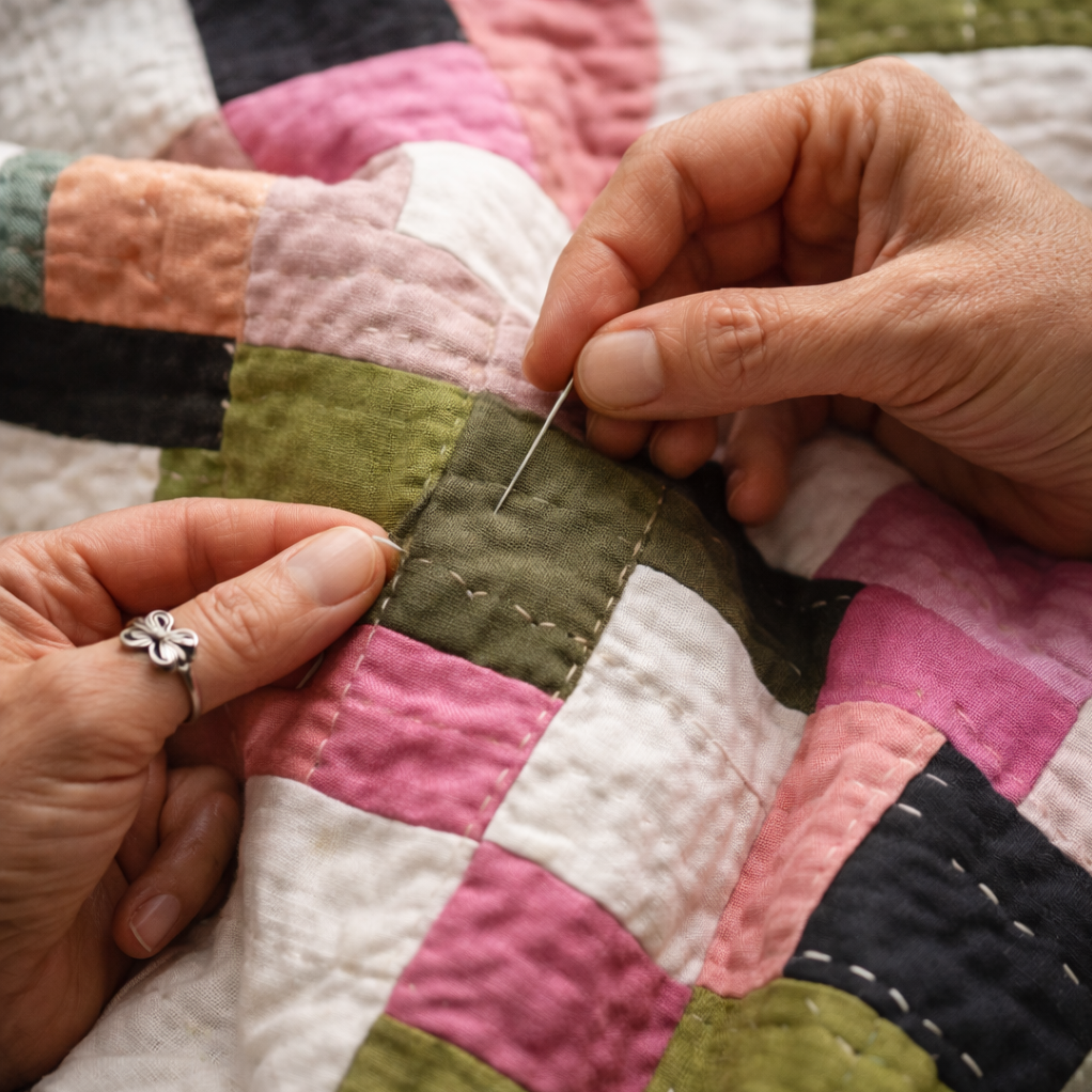 Close-up of hands hand-stitching a patchwork quilt with a needle and thread.