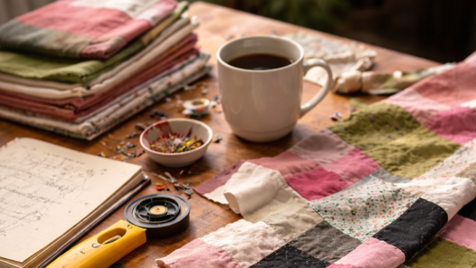 A wooden table with a mug of coffee, a small bowl of colorful sewing pins, a yellow rotary cutter, folded fabric in pink, green, and floral patterns, some scattered pins, a notebook with sketches, and a colorful patchwork quilt in progress.