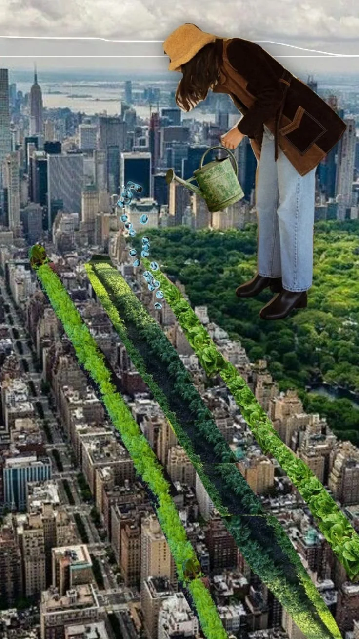 a collage of a woman using a watering can to water central park in new york city