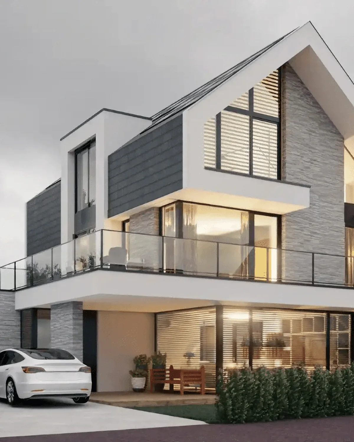 Modern multi-story residential building with large windows, a balcony, and a white car parked outside on a driveway.