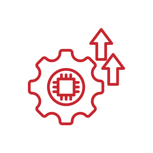 Icon of a gear with a microchip in the center, and two upward arrows indicating increase or progress.