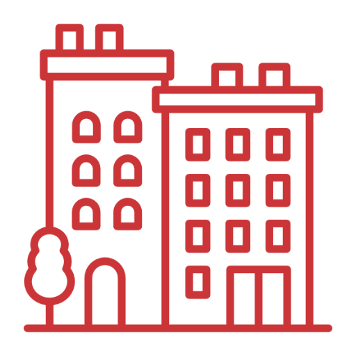 Line drawing of two multi-story buildings with a tree in front, depicted in red