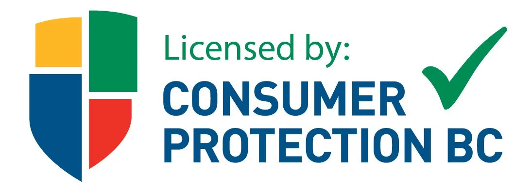 Logo with a shield divided into four colored sections and text that reads 'Licensed by: CONSUMER PROTECTION BC' with a green check mark.