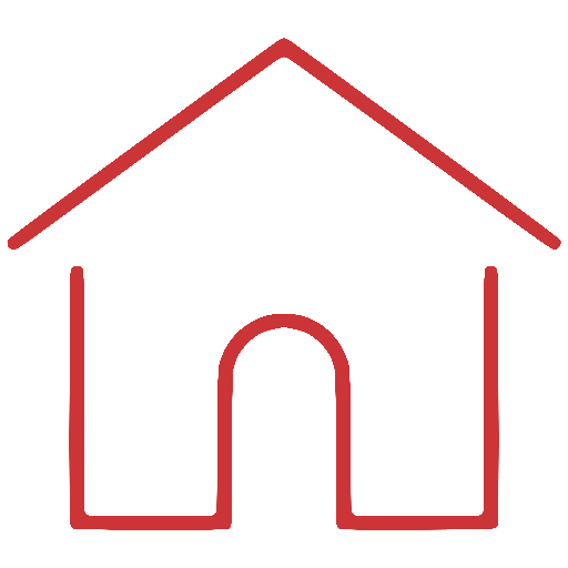 Simple line drawing of a house with a triangular roof and an arched doorway.