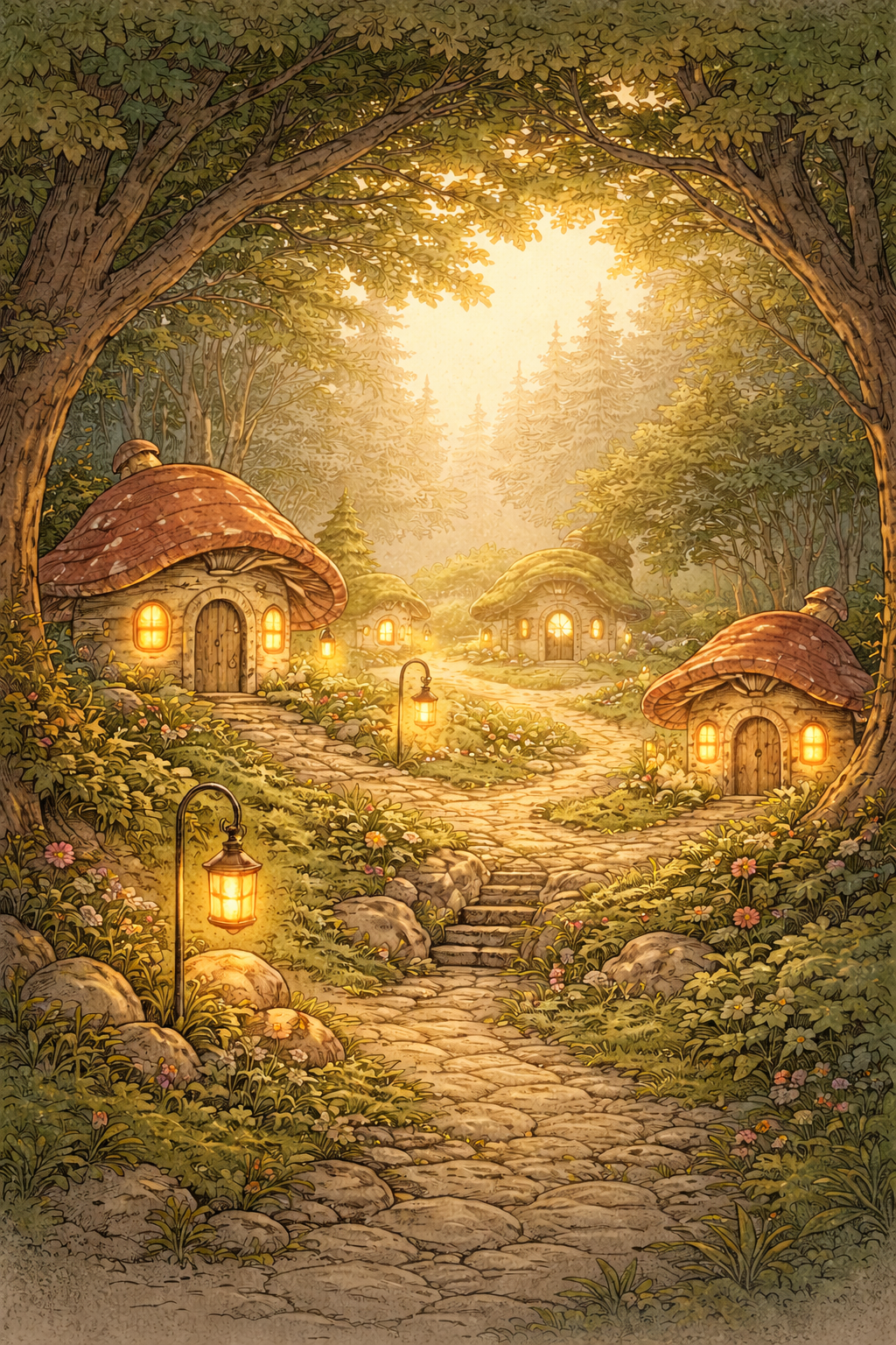 Picture of a quiet forest village with small houses, lantern lights, trees, and a path leading through the woods.