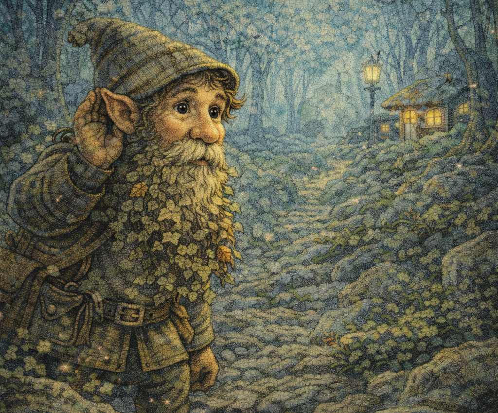 Illustration of Bramble Rootbeard, a gentle woodland gnome with a leaf-covered beard and pointed hat, pausing on a forest path at twilight with his hand cupped to his ear, as warm light glows from a small cottage in the misty trees behind him.