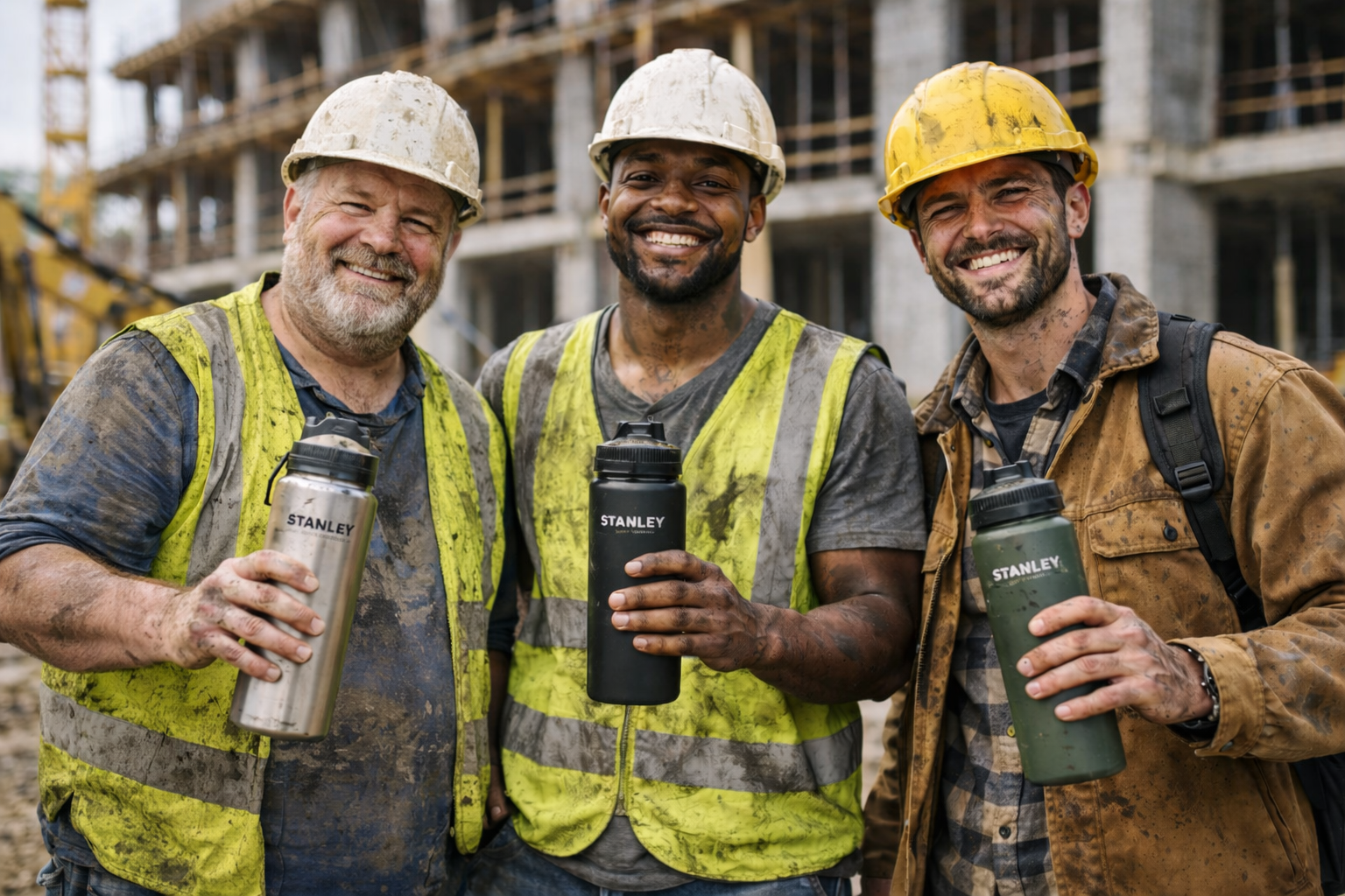 Three construction workers smiling and holding water bottles at a construction site, wearing helmets and safety vests.