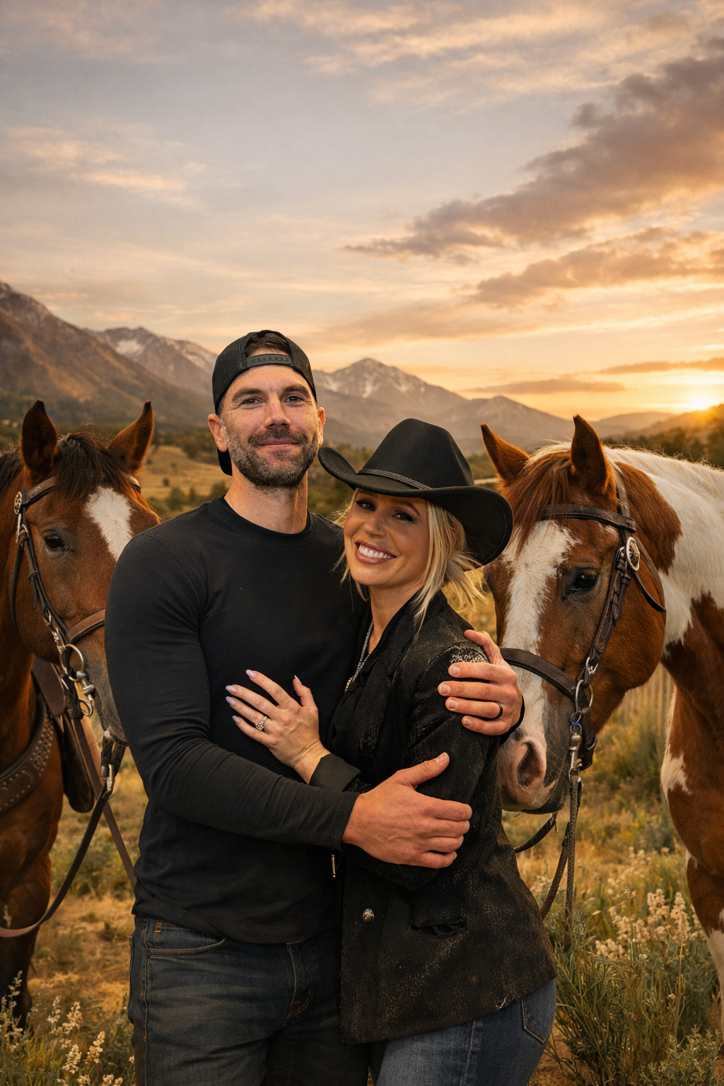 A smiling couple hugging near two horses at sunset in a mountain landscape.