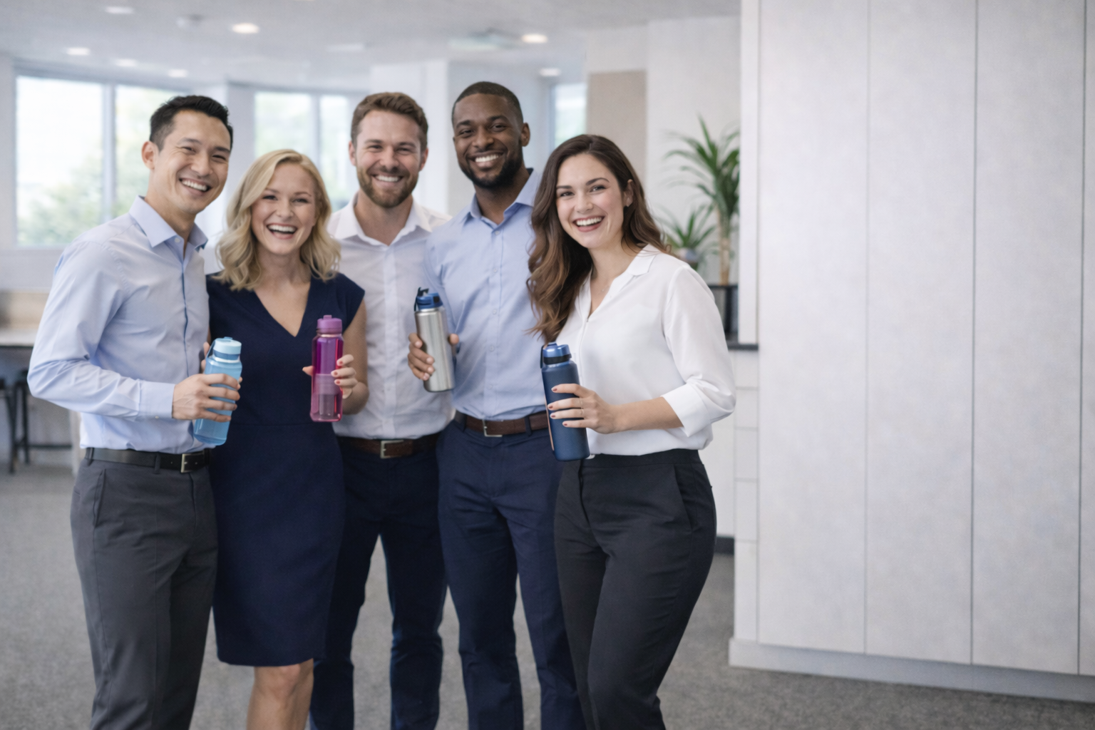 Five diverse professionals standing together in an office, smiling, holding water bottles.