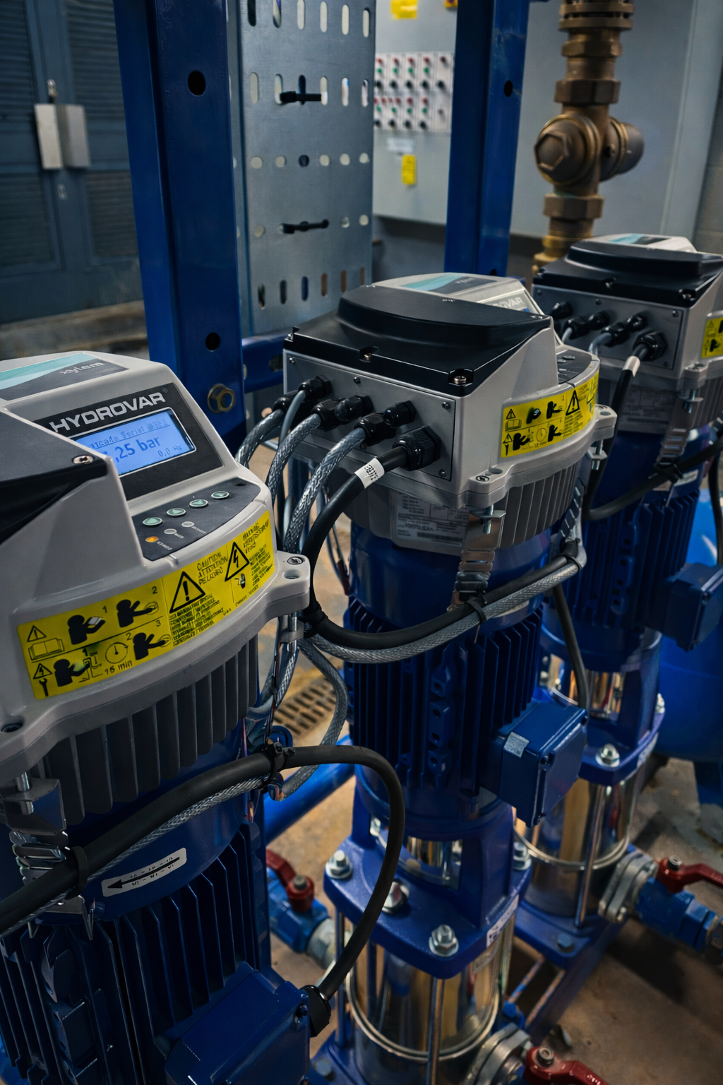 Industrial equipment with electronic controllers, pipes, and valves in a technical setting, likely part of a water or hydraulic system.