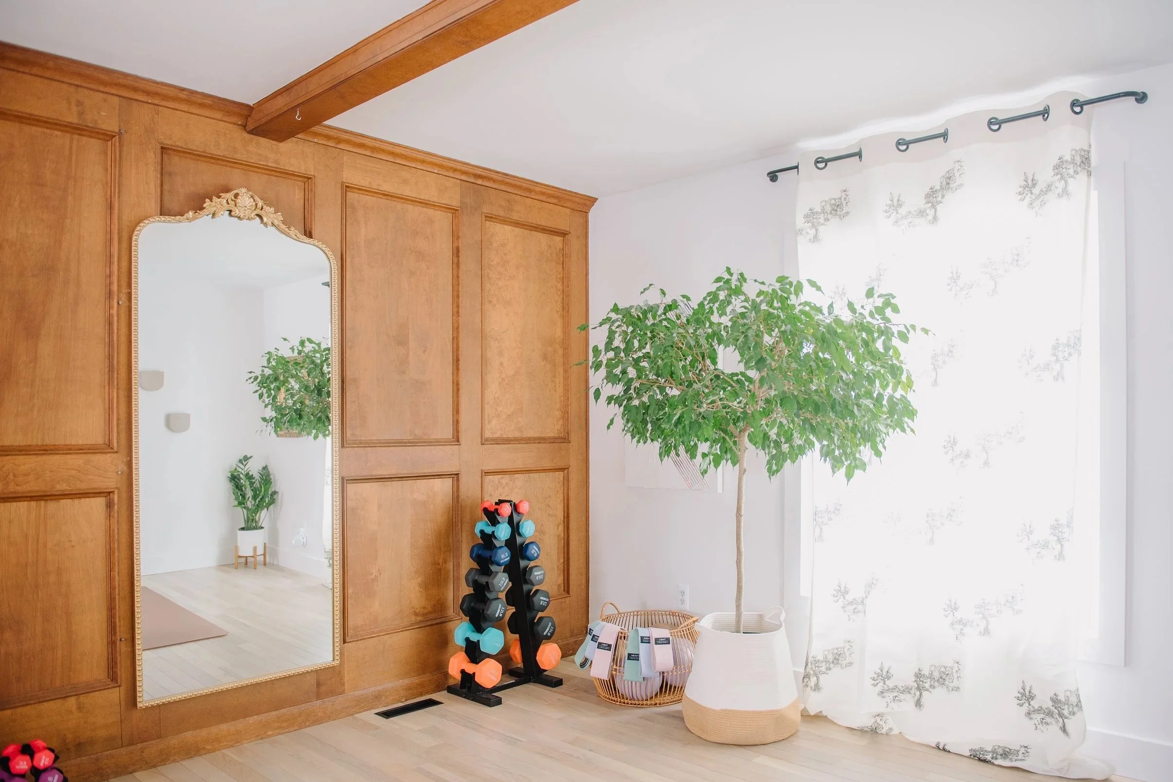 Interior room with wooden wall paneling, a large mirror, a tall houseplant in a white and tan basket, white curtains with a floral pattern, and a stack of colorful dumbbells.