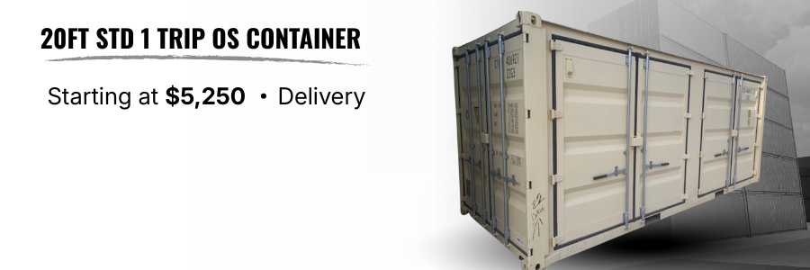 Advertisement for a 20-foot standard 1-trip open-top shipping container priced from $5,250 with delivery. The container is shown on the right side of the image.