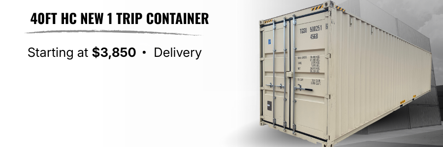A large beige 40-foot shipping container with metal locking doors on the front sits on a concrete surface, with a cloudy sky in the background. Text next to it advertises a new 1-trip container starting at $3,850 with delivery.