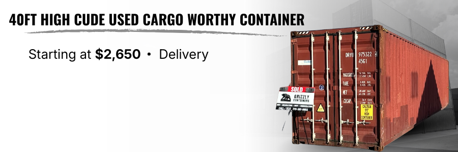 An advertisement displaying a used 40-foot high cube cargo container for sale, with pricing starting at $2,650, including delivery. The container is red with writing and labels, and is set against a cityscape with cloudy skies.