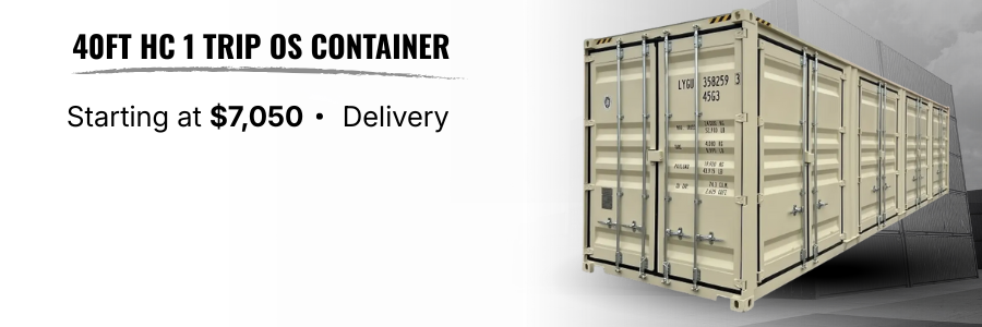 An advertisement for a 40-foot high cube one-trip ocean shipping container, starting at $7,050, includes delivery.