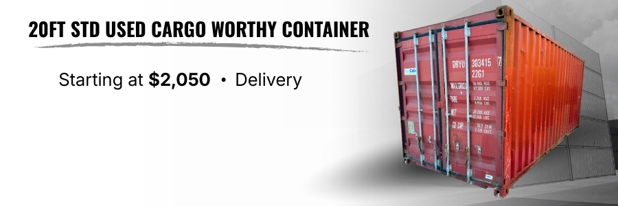 Advertisement for a 20-foot used cargo shipping container with starting price of $2,050, showing a red container on the right side.