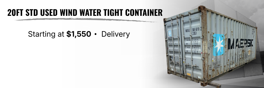 used 20-foot wind water tight shipping container with Maersk logo, along with pricing and delivery information.