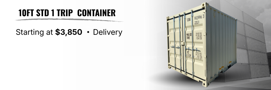 Image of a 10-foot standard one-trip shipping container with a price starting at $3,850 and available for delivery.