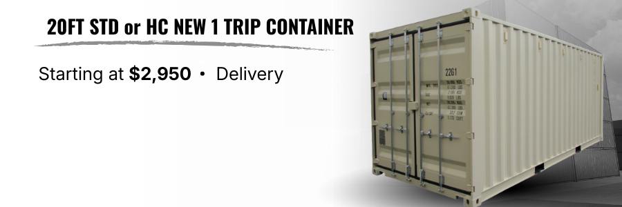 Advertisement showcasing a 20-foot shipping container with details about pricing starting at $2,950 and delivery options, featuring a beige shipping container on the right side.