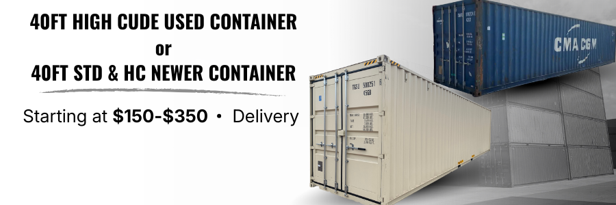 Rental 40ft high cube used containers or 40ft standard and HC newer containers, priced $150-$350, available for delivery, with images of three shipping containers in blue, white, and gray.