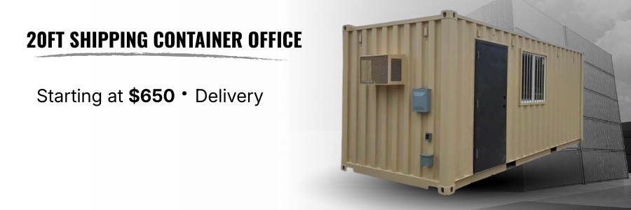 Rental 20ft shipping container office, starting at $650, includes delivery, with an image of a beige shipping container with doors and windows.