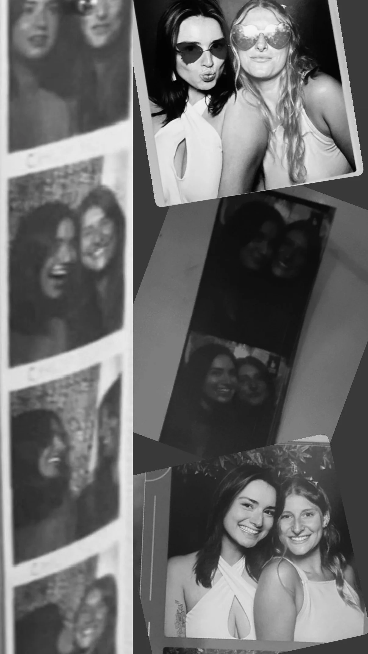 Photographs of two women smiling and posing together at a party or event, wearing sunglasses and fashionable attire.