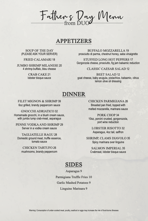 DUO Father's Day 2026 Menu