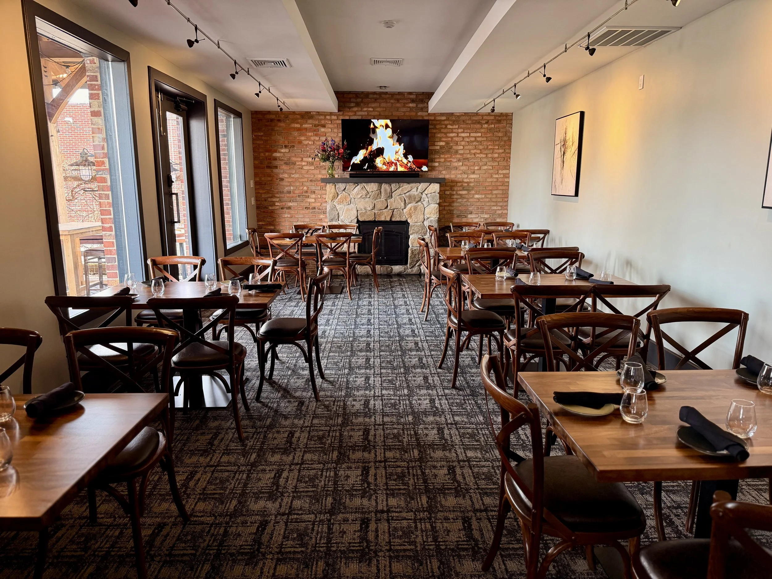 Our fireplace dining room is perfect for private events