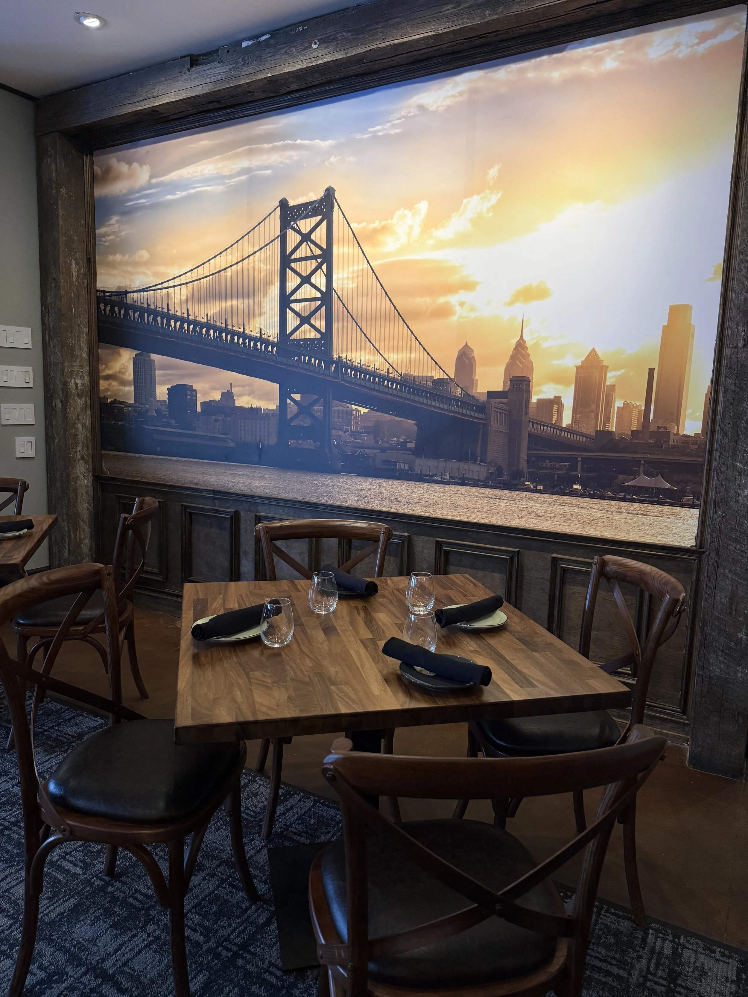 Our mural of the Ben Franklin Bridge during a beautiful sunset over the Philadelphia skyline 