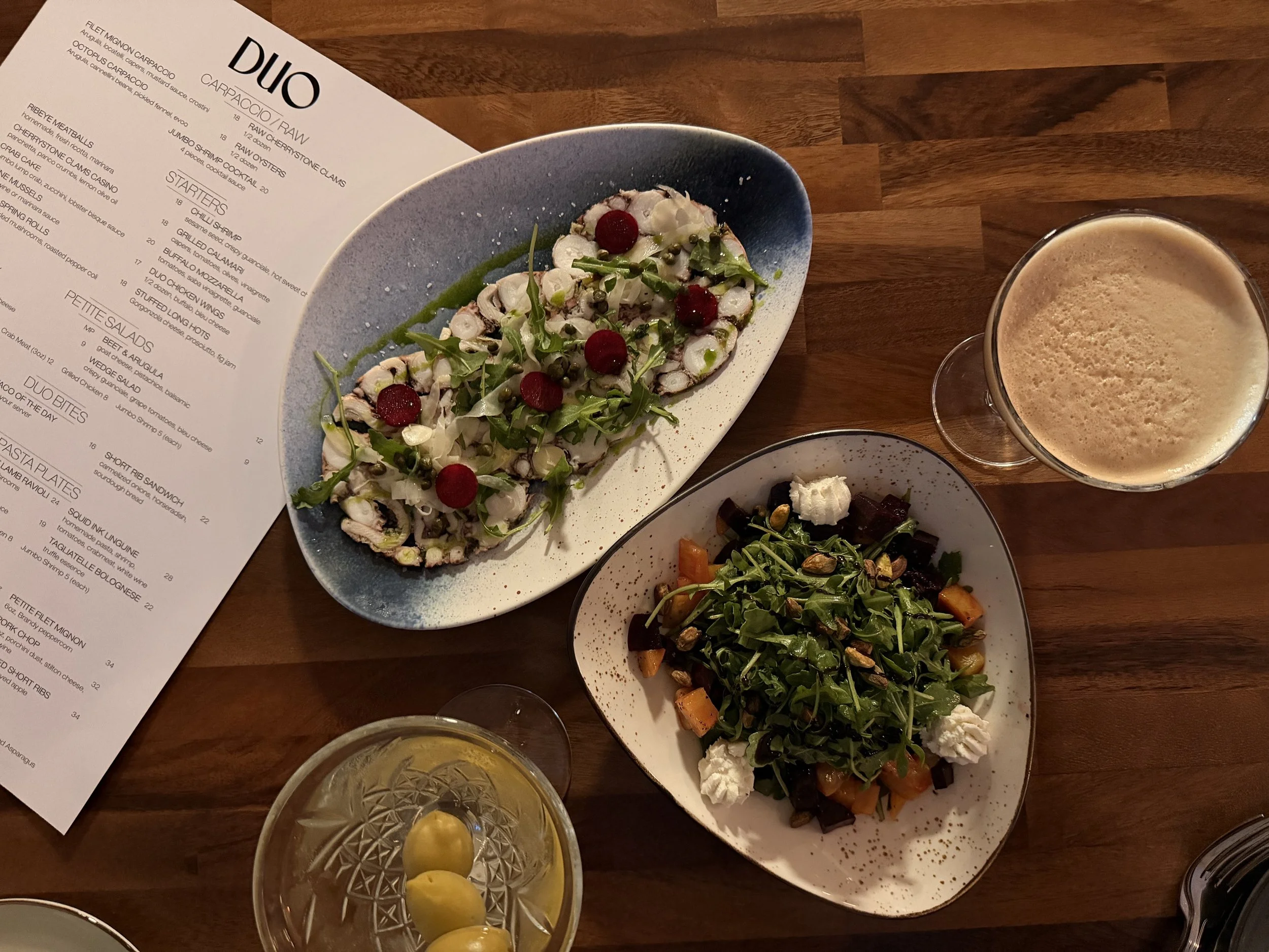 Beet Salad, Octopus Carpaccio, Vodka Martini, Tequila Espresso Martini