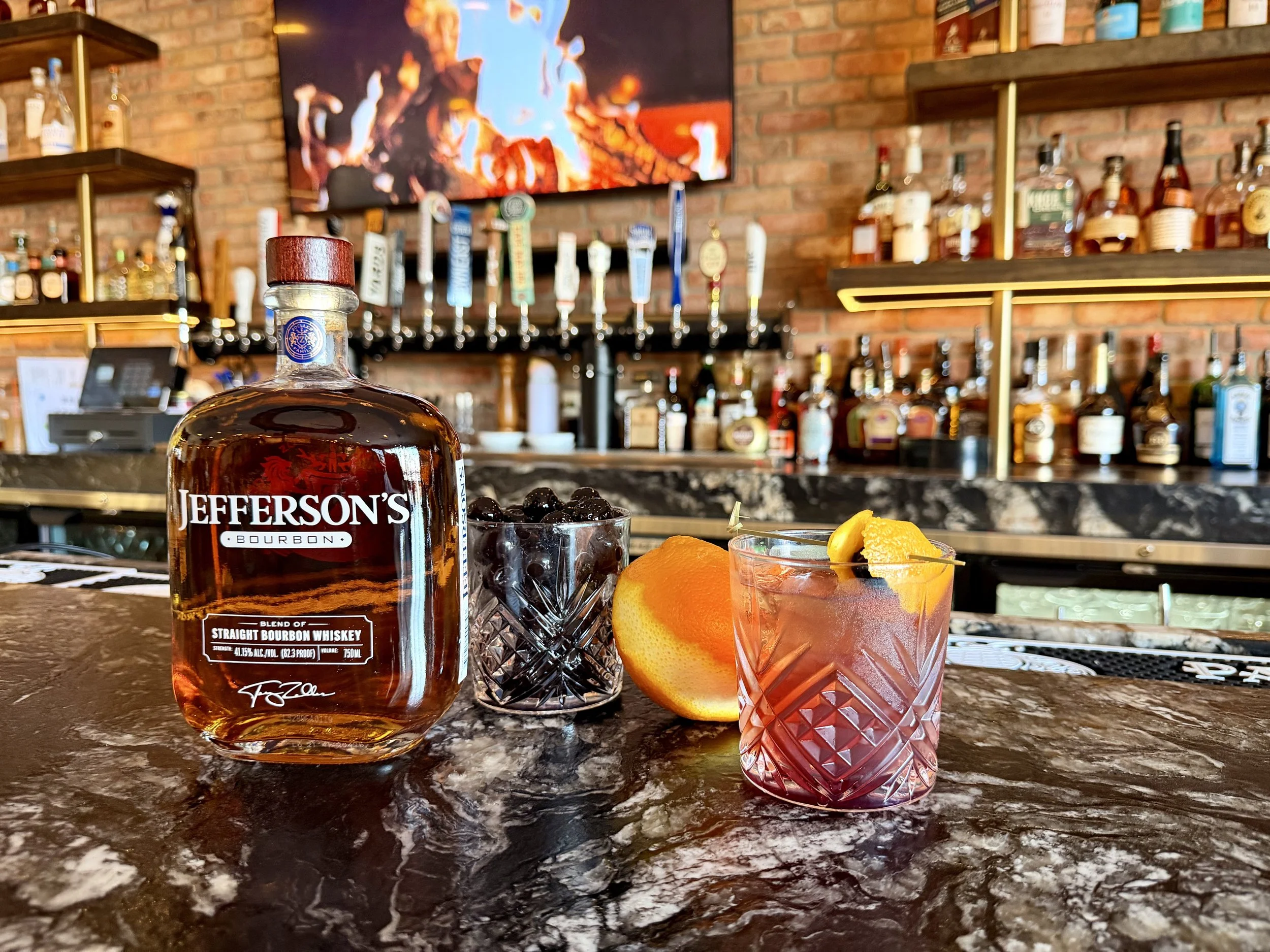 DUO Old Fashion cocktail at Duo Restaurant & Bar in Haddon Township, NJ – Jefferson’s Bourbon, orange peel, Luxardo cherry, and bitters in a rocks glass