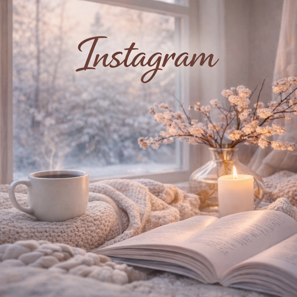 A cozy scene by a window with a steaming coffee mug, an open book, a lit candle, a vase with pink flowers, and a snowy landscape outside.