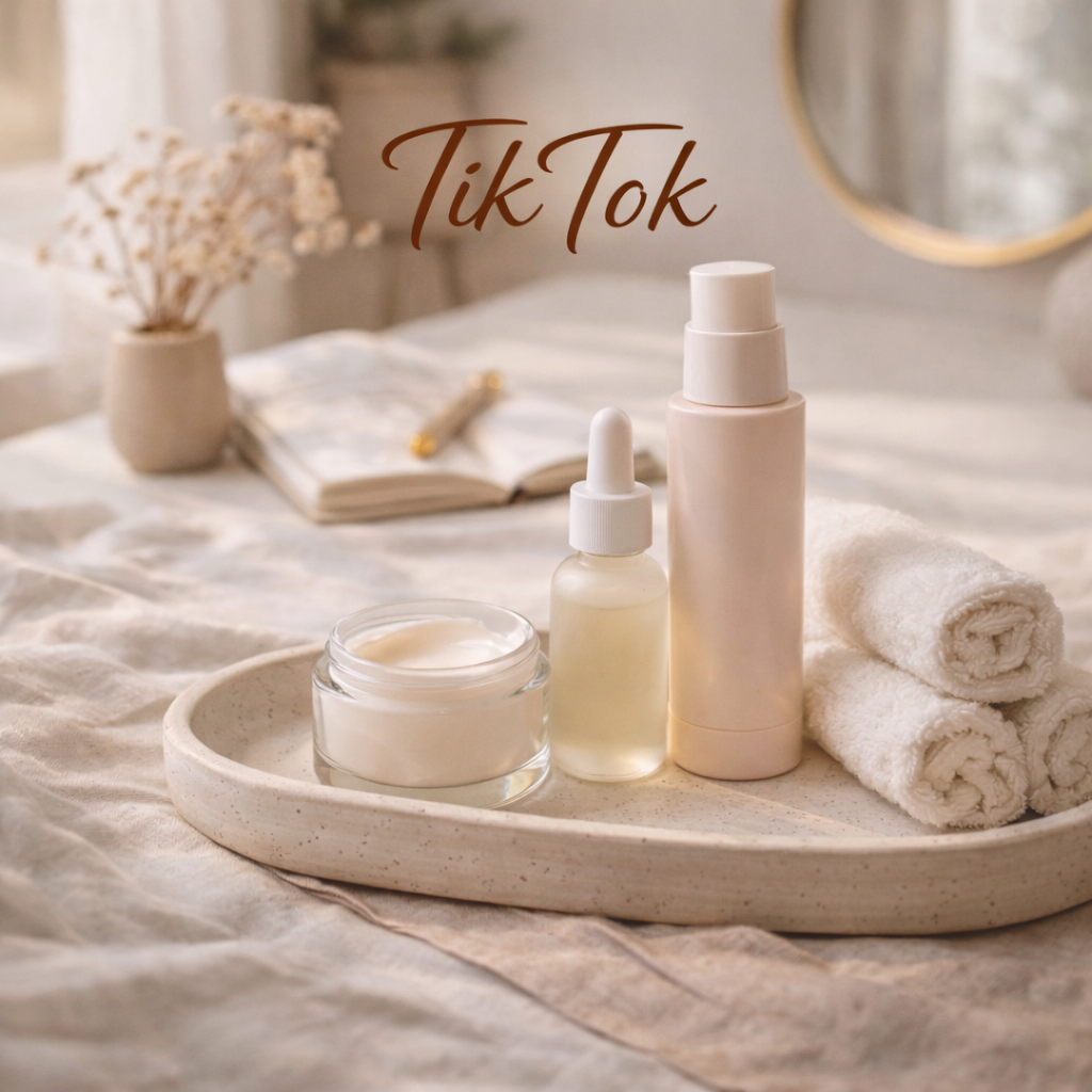 A tray with skincare products including a jar of cream, a dropper bottle, and a spray bottle, along with rolled white towels, on a soft fabric surface. In the background, there are open books, a small vase with dried flowers, and a mirror. The word "TikTok" is written on the image.
