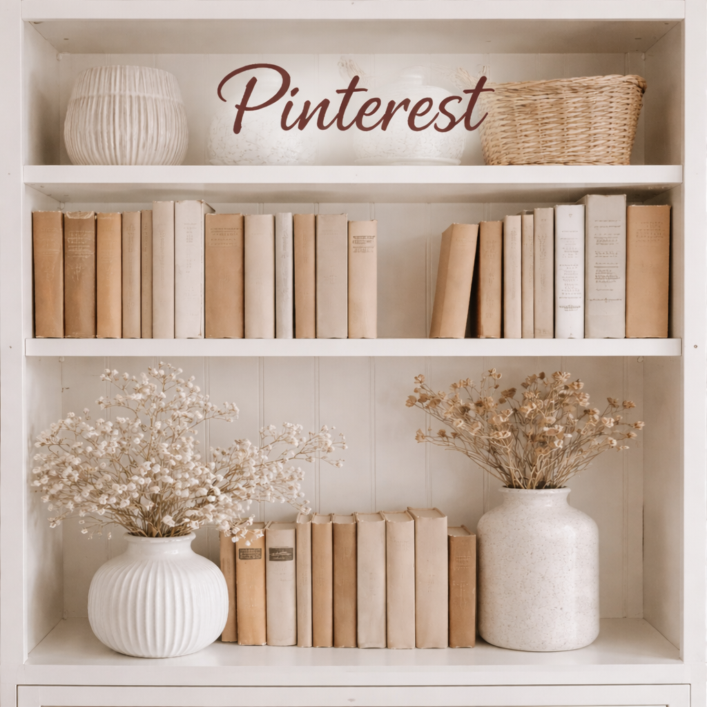 White bookshelf with decorative vases, books, and a Pinterest sign in cursive font