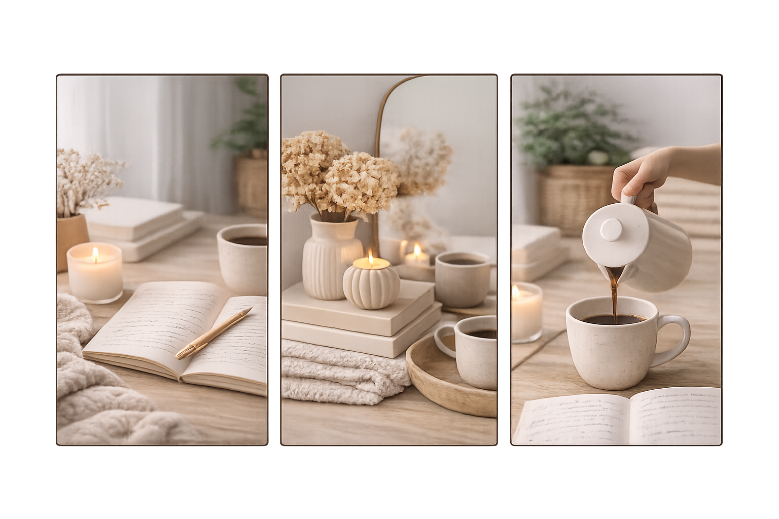 Cozy desk setup with an open notebook, gold pen, lit candles, dried flowers in vases, coffee cups, and a person pouring coffee into a mug.