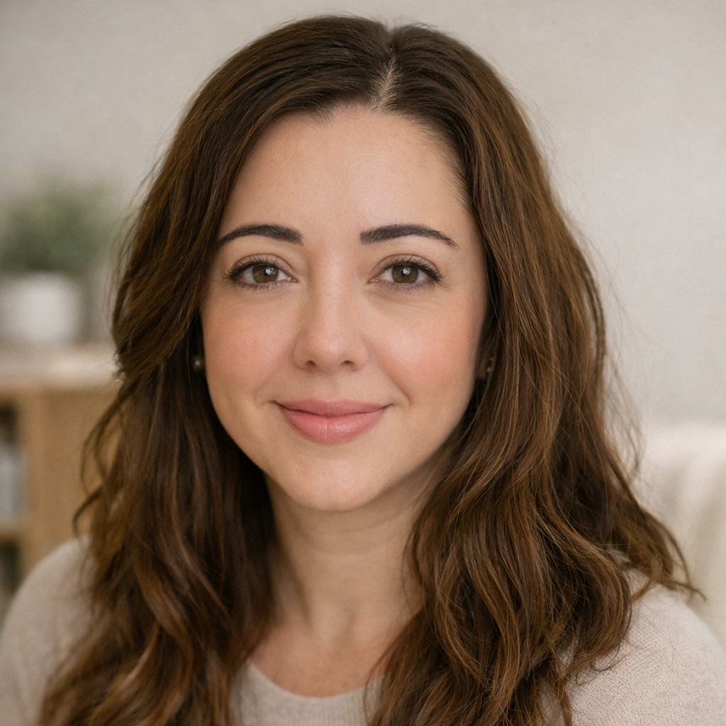 A woman with long, curly brown hair and a light beige top, smiling softly in a neutral indoor setting.