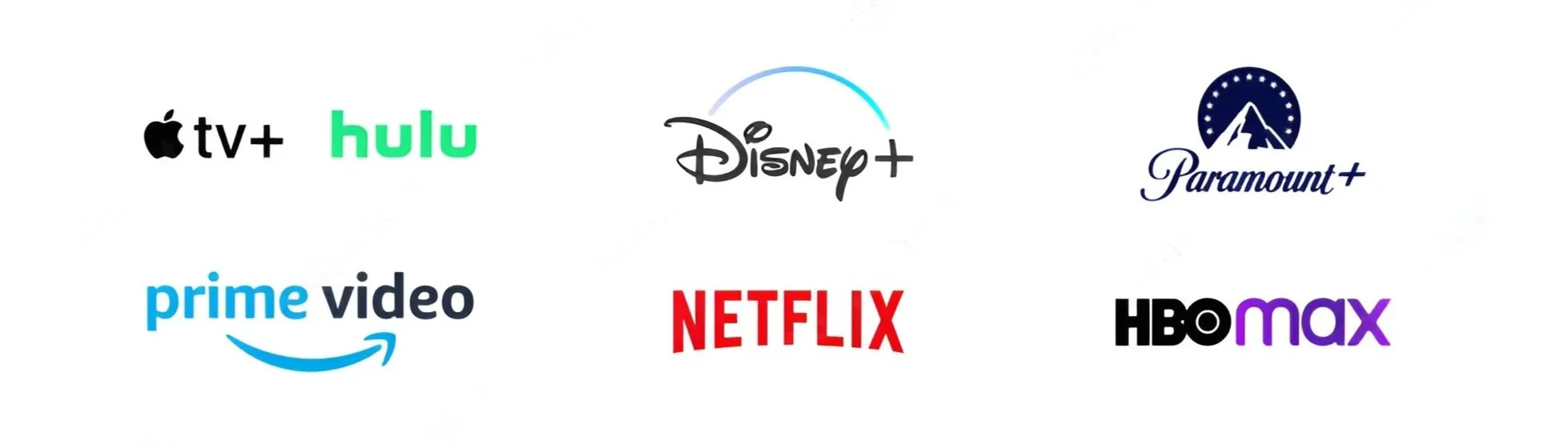 Logos of streaming services: Apple TV+ Hulu Disney+ Paramount+ Prime Video Netflix HBO Max.