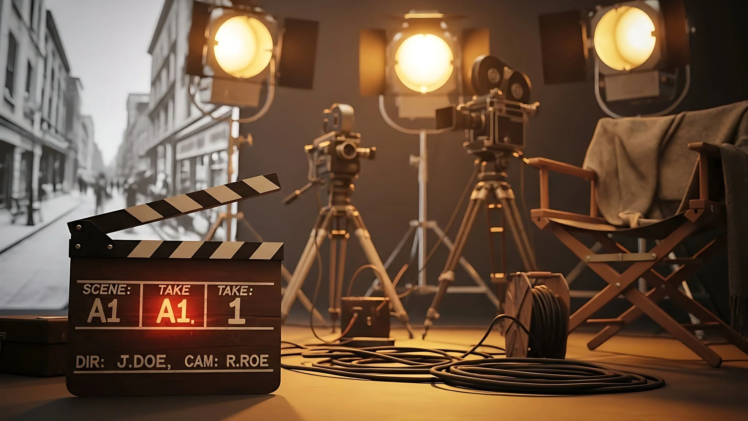 Film set with a clapperboard labeled 'Scene: A1', 'Take: 1', and a director and camera operator's names. Behind, there are three vintage film cameras on tripods, a director's chair with a cloth, and bright studio lights. In the background, a black-and-white street scene poster is visible.