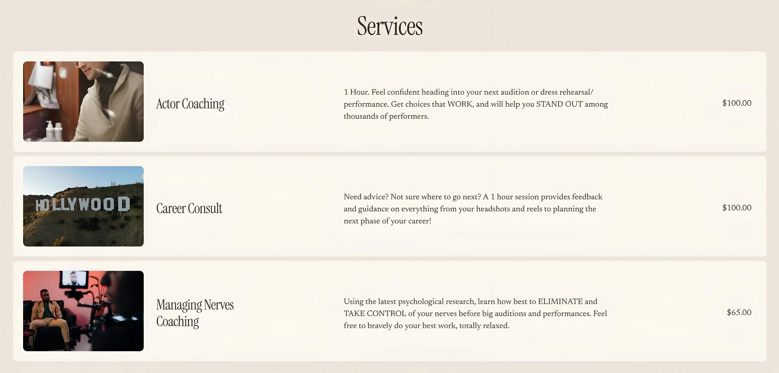 Services page offering actor coaching, career consult, and managing nerves coaching, with images of a woman in a beige jacket, a Hollywood sign, and a man in a brown suit.