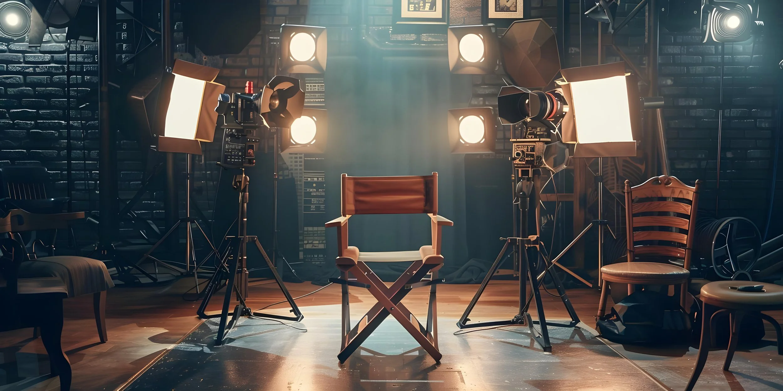 A television or film interview setup with a director's chair in front of studio lights, cameras, and background equipment in a dark, industrial-style room.
