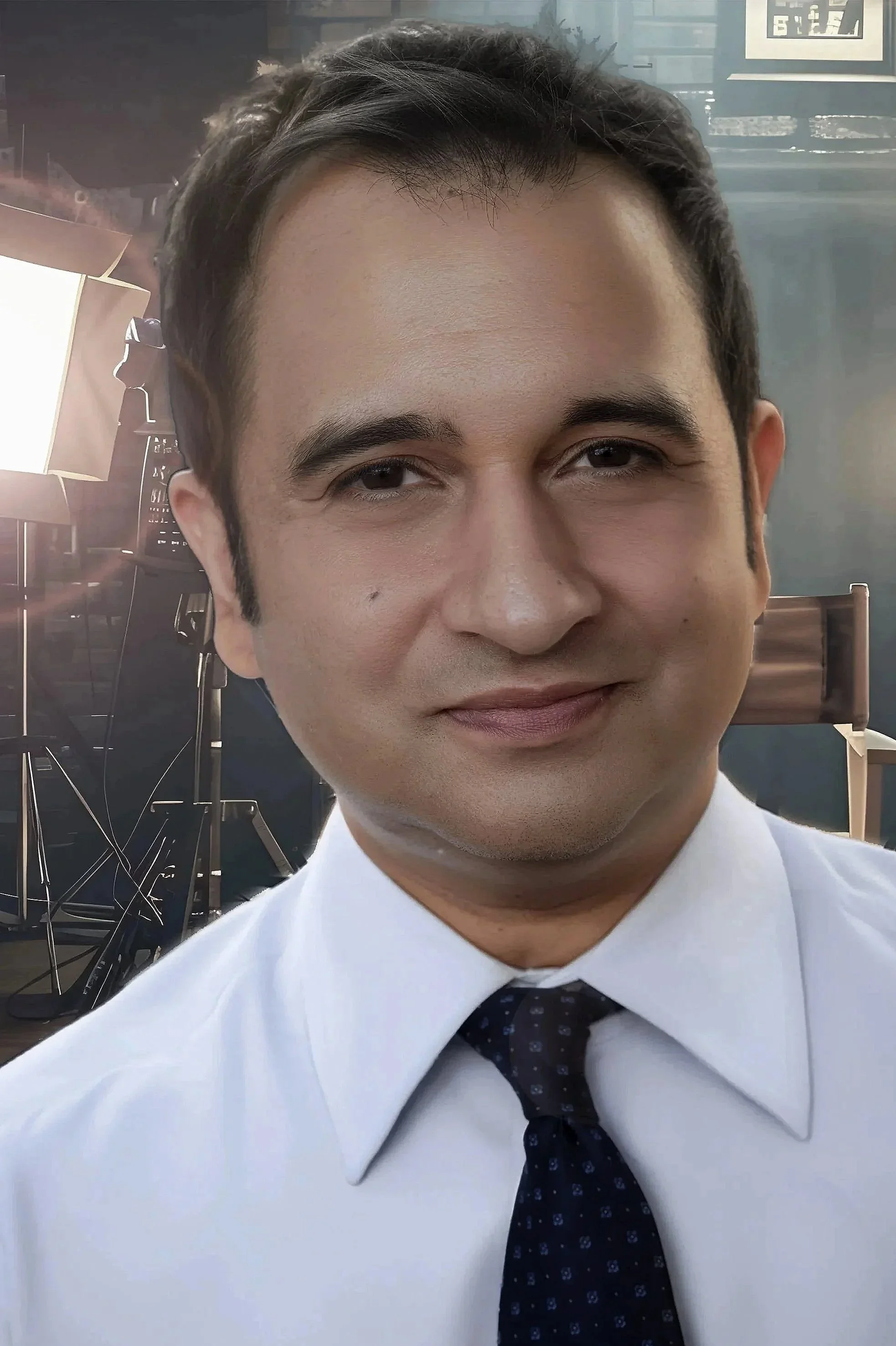 A man smiling in a professional setting, wearing a white shirt and a dark tie with blue patterns, with studio lighting and film equipment in the background.